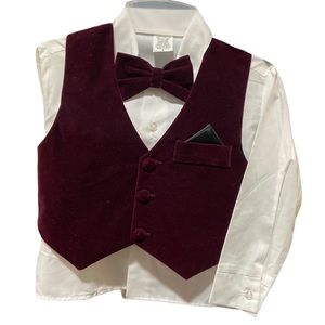 Three Piece Velvet Maroon Boys Formal Vest Bow Tie and Shirt Set